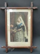 A framed image on silk of Queen Victoria, Queen and Empress of India mounted in a period frame,