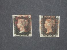 Two 1d black stamps HG plate 5 and GH plate 1b,