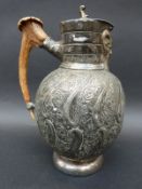 A plated pedestal mask jug with stag horn handle,