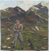 Attributed to Kyffin Williams oil on plywood, farmer and sheepdog in mountainous landscape,