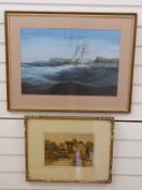 Tony Batey gouache of a sailing ship in coastal waters 34x50cm, together with F.