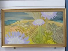 Oliver Heywood oil on canvas scabious in landscape probably Selsley Common,