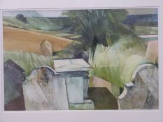 Peter Folkes abstract watercolour of gravestones from Chilcomb Churchyard,