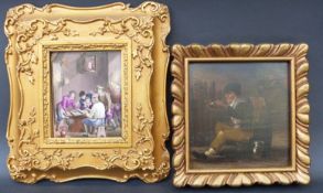 A framed ceramic plaque of a tavern scene after David Teniers,