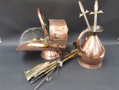 A copper coal scuttle, companion set, copper jug etc.