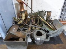 A large quantity of brass, copper and other metalware to include scales, trays,