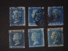 A selection of six 1858 2d blue used stamps including plate 12