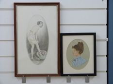 An oval etching of a semi clad lady (height approximately 32cm) and a portrait of a lady
