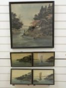 A Chinese watercolour on silk and four further pictures on silk