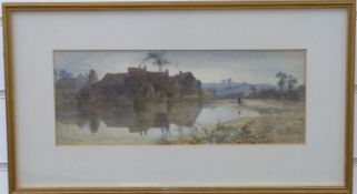 Attributed Frederick George Reynolds (1824-1887) farm with pond in foreground, 13x33cm,
