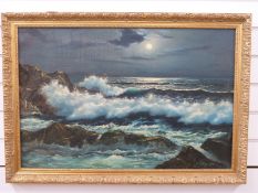 Peter Cosslett oil on canvas, moonlit breakers seacape,