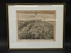 A framed and glazed early engraving by Kip showing Lypiatt Park Manor House and grounds