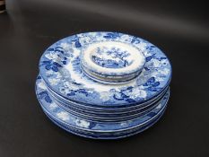 A quantity of blue and white ceramics to include Woods Ware and Ridgeways