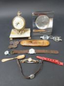 A Jasper Conran silver plated clock, further clock, vintage spectacles,