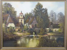 Oil on canvas of continental style buildings by a river 58x78cm in gilt frame