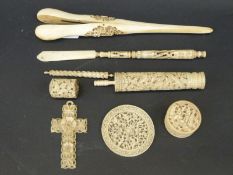 Chinese carved ivory stanhope, box and disc, carved bone needle,