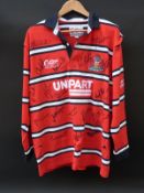 A Gloucester Rugby signed shirt, signatures include Andy Gomarsall, Adam Eusace, Phil Vickery,