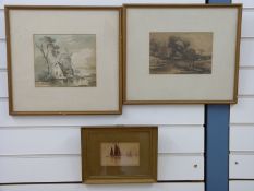 Two David Cox 14x21cm watercolours and a D Stewart watercolour of a sailing ship