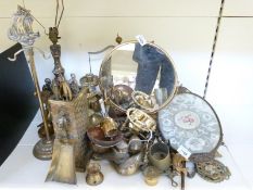 Brass framed mirror, figural lamp, retro companion set, candlestick, horse brasses,