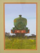 Laurence Roche acrylic steam locomotive, signed and dated 1980 lower right,