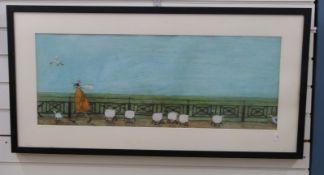 Sam Toft print 'Moses Follows that Picnic Basket' sheep following man with dog 33 x 86cm