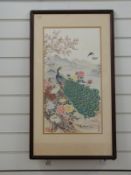 A Chinese print of a peacock and other birds in a landscape setting, with multiple seal marks,