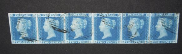 A strip of 6 1841 2d blue stamps KA-KF.