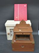 A brass bound mahogany writing slope together with an album of stamps and a painted pine kitchen
