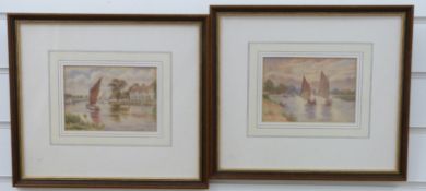 Chas Masters pair framed watercolours of sailing boats, barges on a river,