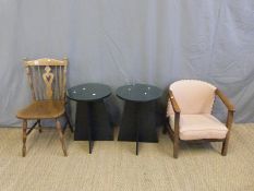 Two black coffee tables with glass tops and two chairs