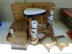 A quantity of wooden items to include two small pine chests of five drawers, oak table lamps,