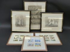 Three frames of cigarette cards including fish and three framed yacht racing etchings