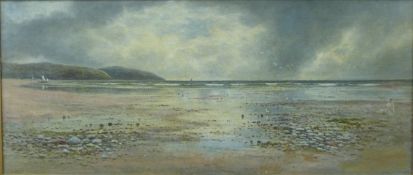 Oil on canvas Barmouth beach with boat on the sand, label verso 