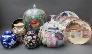 A collection of Chinese and Japanese ceramics including ginger jars, plates,