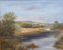 P Bradshaw oil on canvas stooks in fields in a river valley, signed lower right, 39 x 49cm,