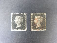 Two GB 1d black stamps MJ and QG, both plate 7,