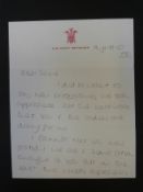 HRH Princess of Wales thank you letter on HM Yacht Britannia crested paper,