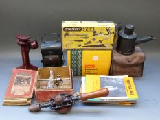 A vintage Dunlop jack, hand lamp, camera, Stanley SB3 plane, plough plane,