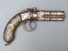 Turkish five shot pepperbox percussion revolver with 4 inch silver inlaid barrels,