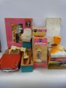 A collection of Sindy doll accessories including camping buggy, hair dryer, horse, shower,