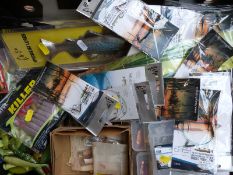 A collection of pike fishing lures, spinners, shads,