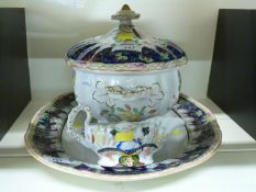A 19thC Masons tureen and underplate in unusual Chinese vase/chinoserie pattern (tureen 23cm tall)