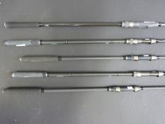 Five carp fishing rods including Defender 12' carbon fibre,