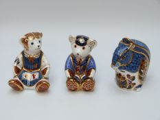 Royal Crown Derby schoolboy teddy, schoolgirl teddy and squirrel,