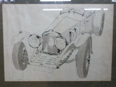 A framed pen and ink drawing of a four-and-a-half litre Invicta vintage motor car with monogram JB,