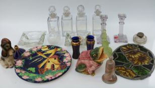 Stained glass panel, ceramic chargers, glass candlesticks,