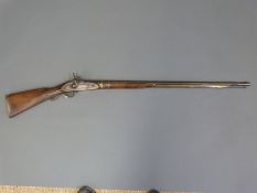 Single barrel percussion hammer action muzzle loading gun with Enfield style lock, steel butt plate,