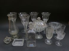Fifteen pieces of clear glassware including a set of five wine glasses with cut stems (23cm tall),