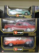 Five Burago 1:18 scale diecast model cars including Rolls-Royce, Bugatti, Porsche etc,