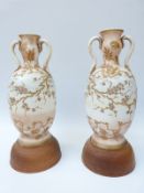 A pair of 19thC twin handled hand decorated pedestal vases on oak bases,